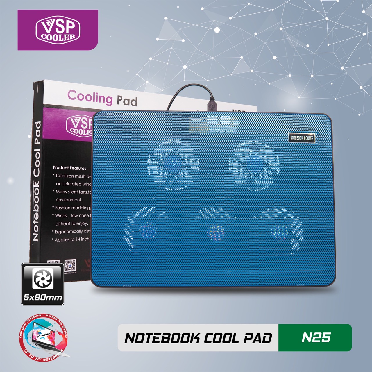 ĐẾ TẢN NHIỆT VSP COOLER N25 (5*Fan 8cm) - giao ngẫu nhiên - hàng nhập khẩu