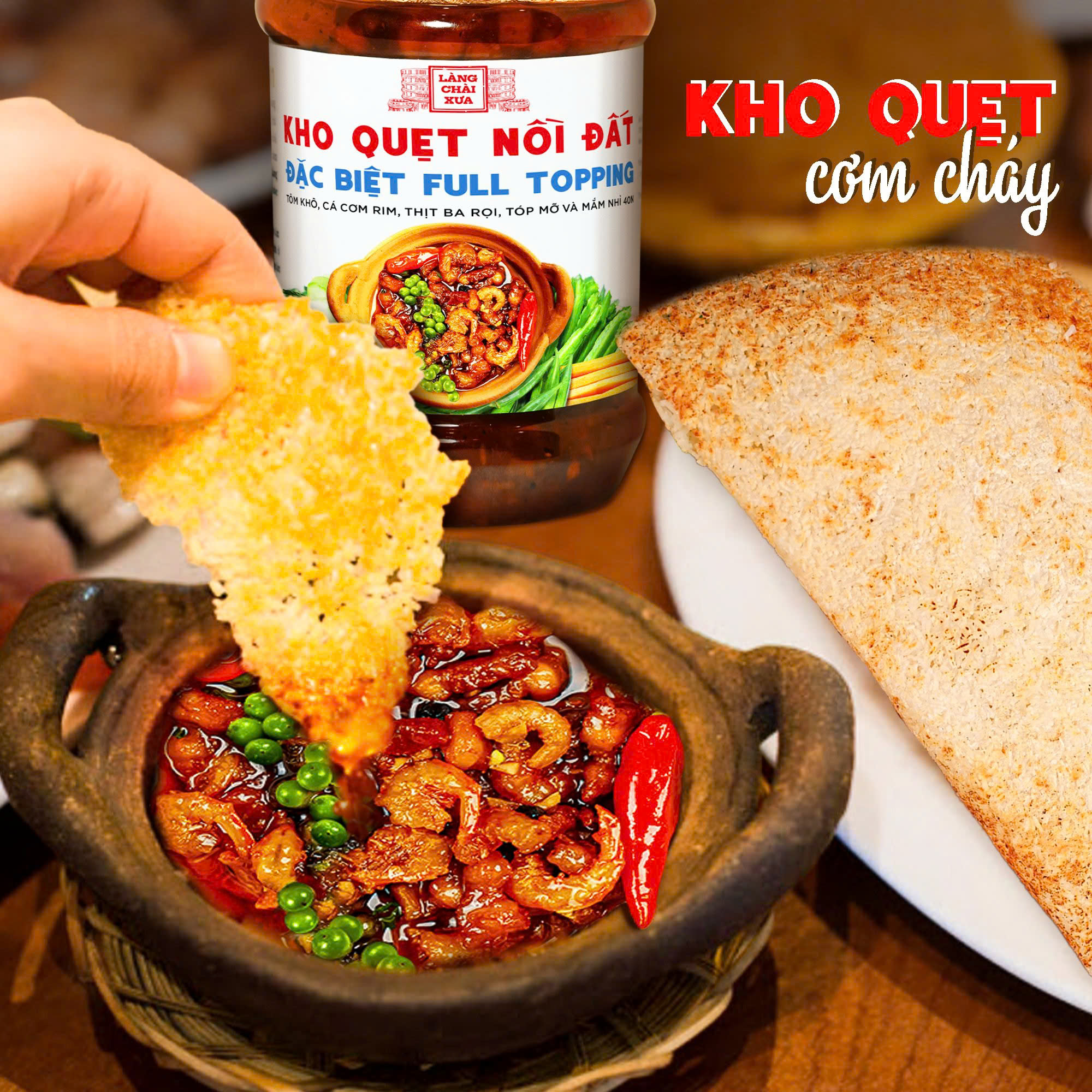 Kho quẹt nồi đất Làng Chài Xưa thơm ngon đặc biệt full topping tôm khô, cá cơm rim, thịt ba rọi, tốp mỡ & mắm nhỉ 40N hủ 250g