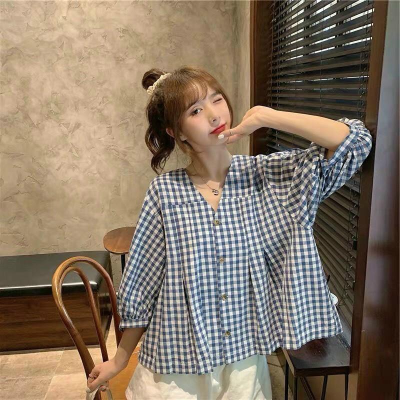 Sét Áo Peplum Caro Xanh Và Quần Short Trắng Áo Kẻ Caro Tay Lỡ Bồng Cổ Chữ V LANI SHOP