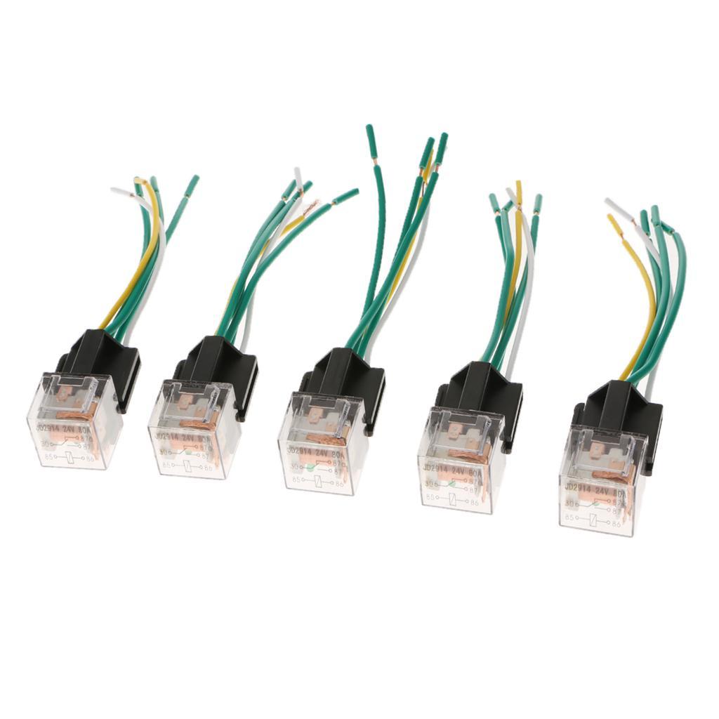 5 Pieces Car Relay and Socket 5-Pin 24V 80A SPDT Car Relay with Wires 16AWG