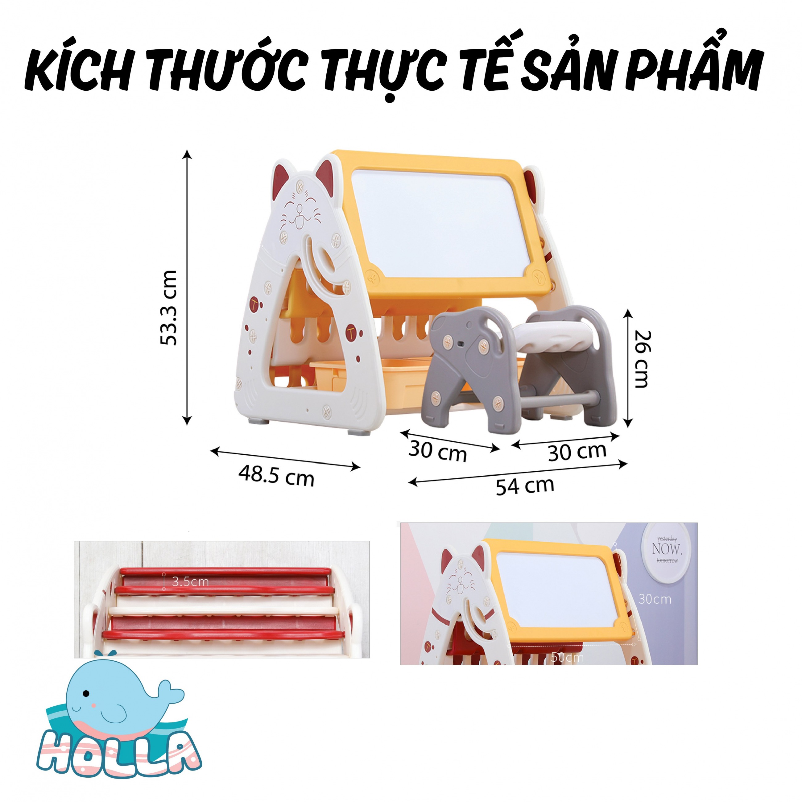 Bảng Vẽ Bàn Học Giá Sách Mèo Holla Cho Bé 1-7 Tuổi - Tặng Kèm Ghế