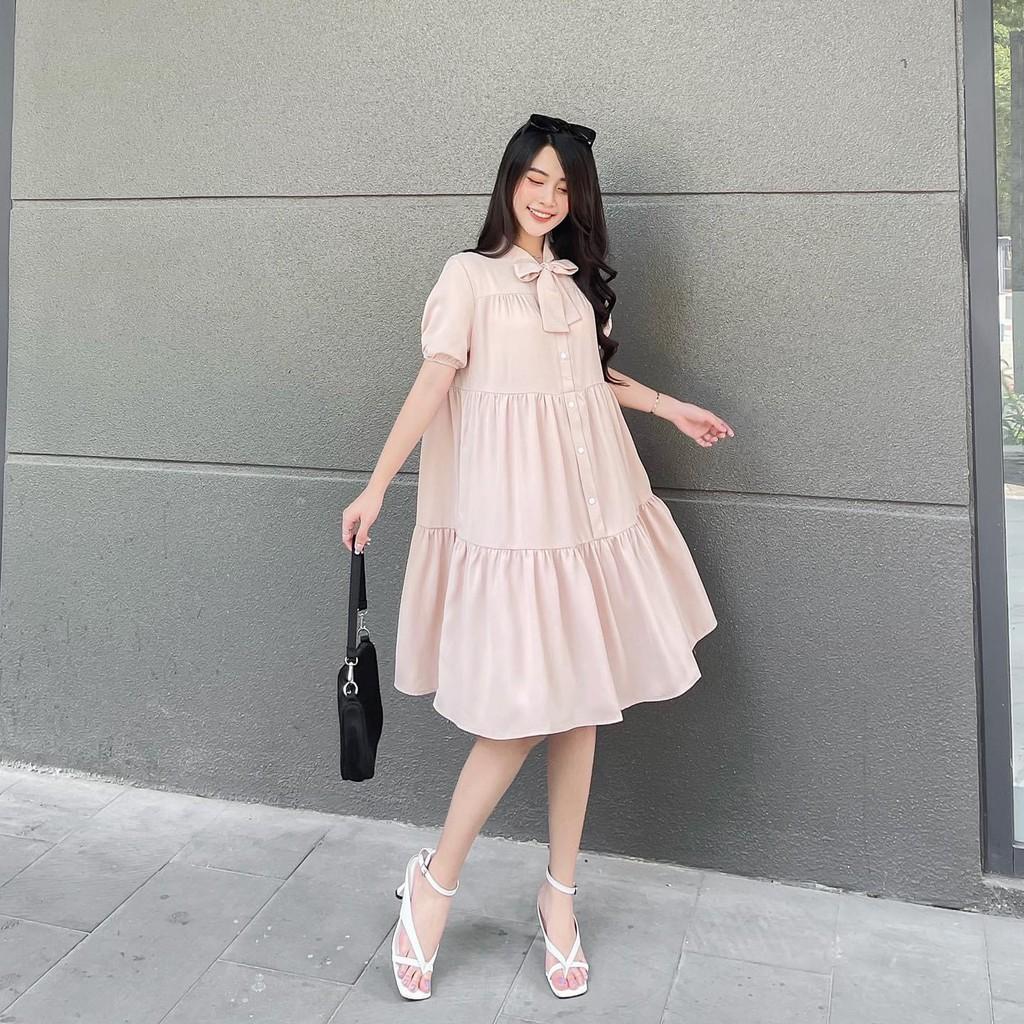 ĐẦM DỰ TIỆC BABYDOLL LỤA 2 LỚP CỔ CỘT NƠ DÁNG XÒE TAY LỠ