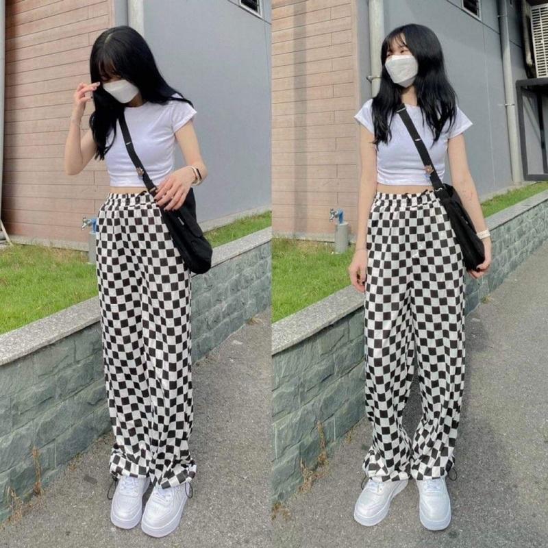 quần ống rộng họa tiết vuông đẹp và sành điệu