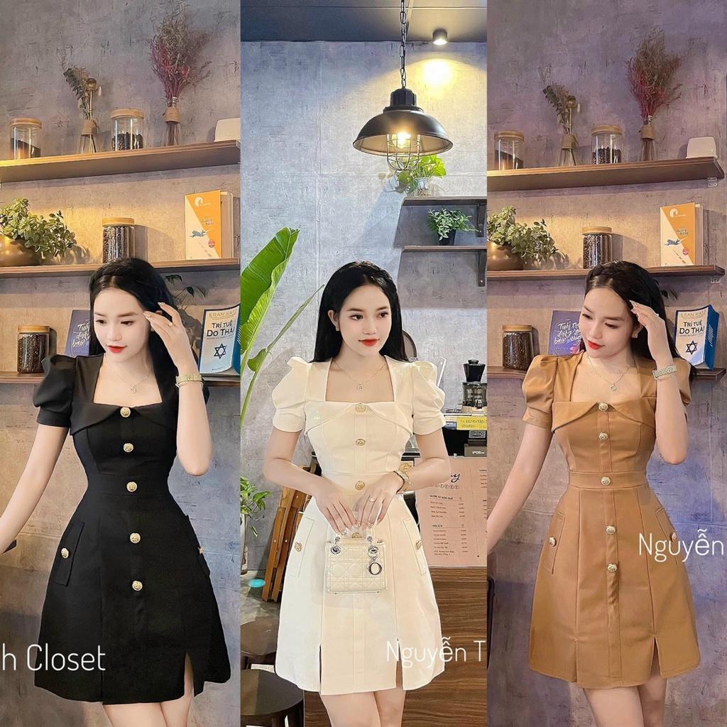 Đầm nữ tay phồng cổ vuông đính nút có mút ôm dáng gọn gàng