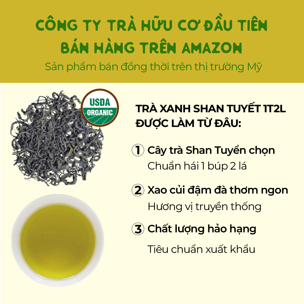 Trà Xanh Shan Tuyết Cổ thụ Loại Hảo hạng | 100% chứng nhận hữu cơ USDA Organic Hoa Kỳ | Loại Búp và Nguyên Lá | Thơm mật ong, Đậm vị, ngọt hậu sâu 100g