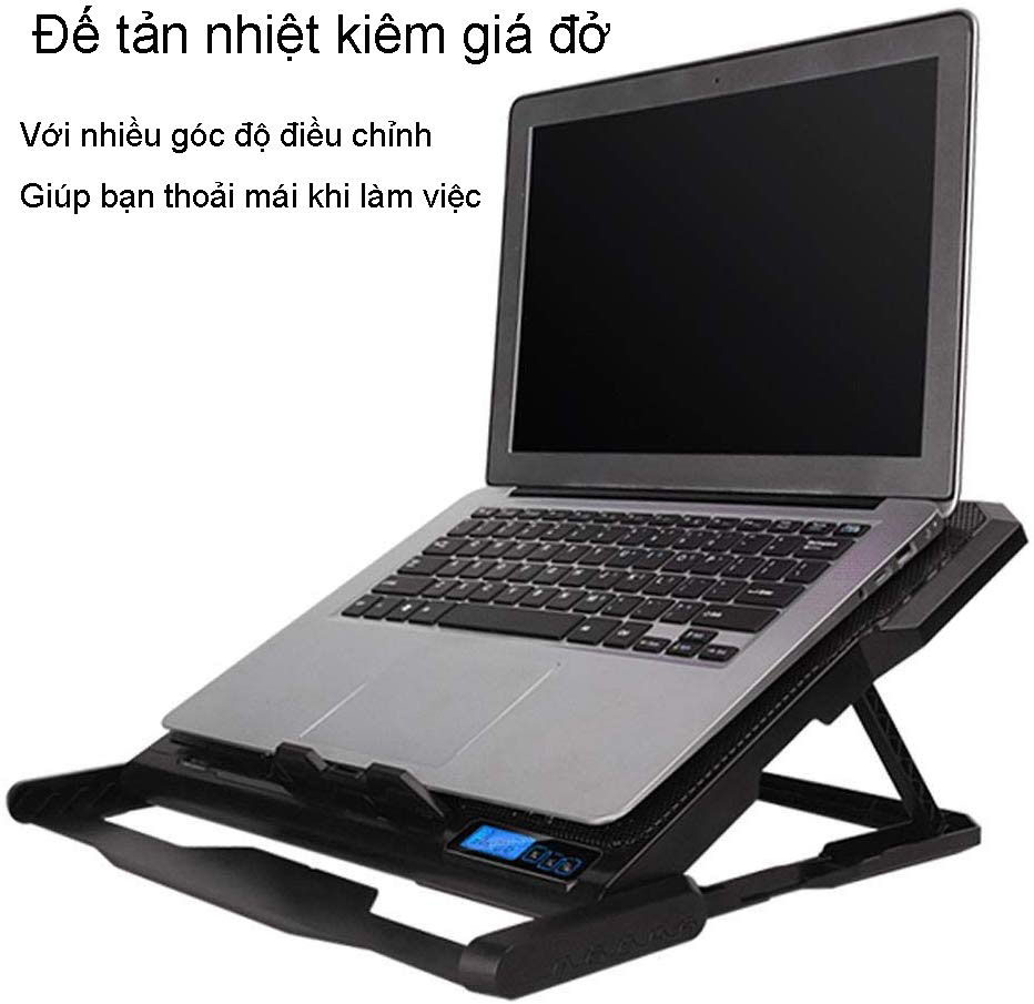 Đế Tản Nhiệt Kiêm Giá Đỡ Laptop Macbook, Thiết Kế 06 Quạt Gió Có Đồng Hồ Hiển Thị Nhiệt Độ