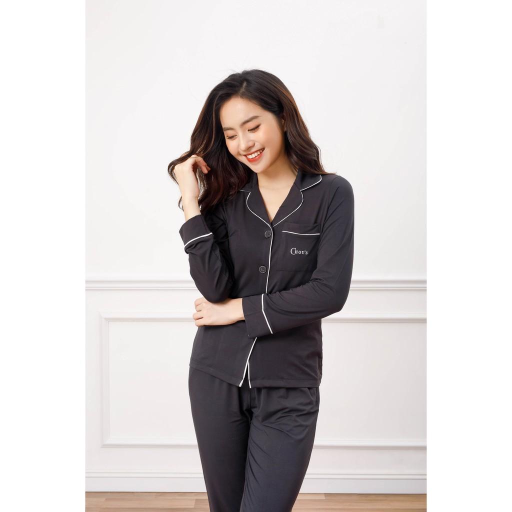 Bộ pyjamas nữ dài tay vải bamboo tự nhiên cao cấp Chou's - màu đen