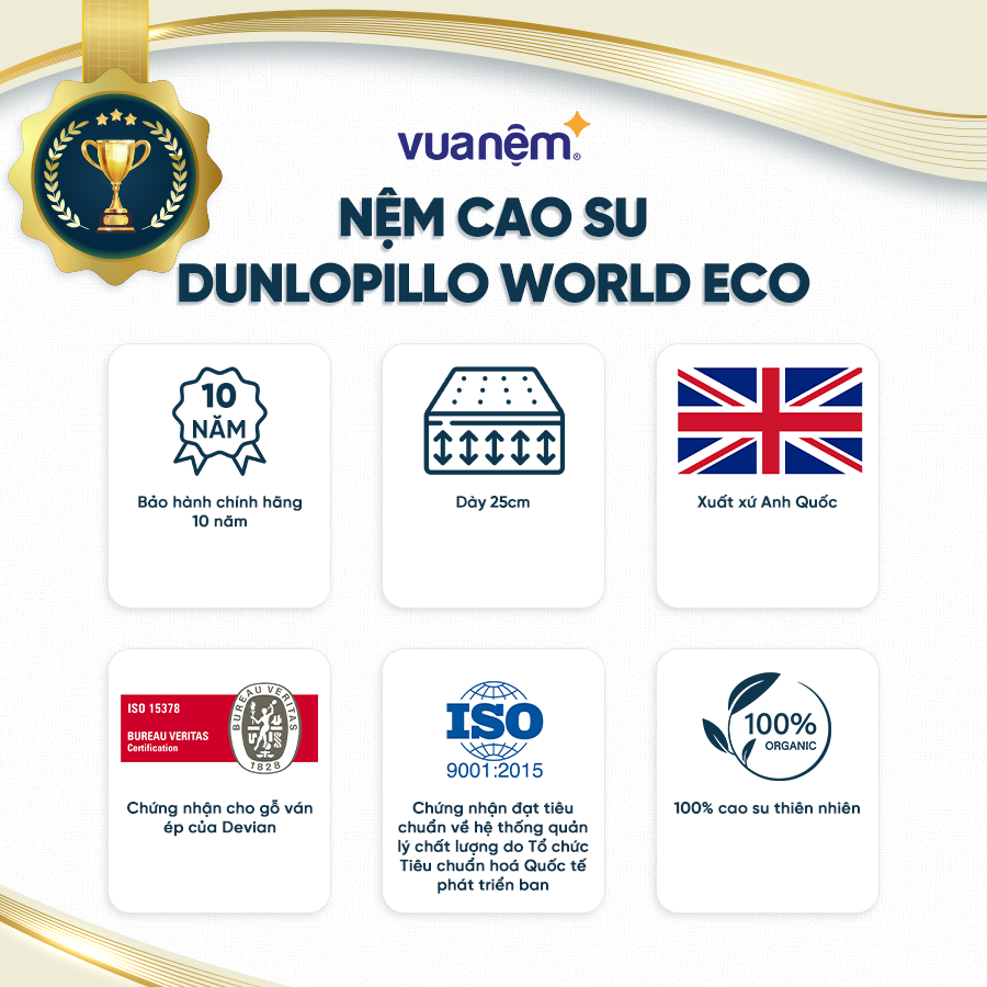 Nệm cao su cao cấp Dunlopillo World ECO sở hữu 3 lớp cao su đặc biệt, lưu thông máu, cân bằng nhiệt độ cơ thể