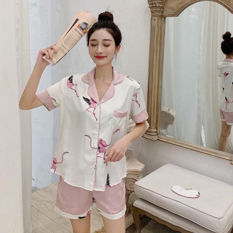 Đồ bộ pijama, bộ lụa cao cấp cộc đùi hoạ tiết chim hạc mềm mịn thoáng mát