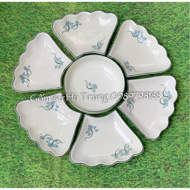 Set đĩa hoa mặt trời gốm sứ Bát Tràng vẽ hoạ tiết hoa sen