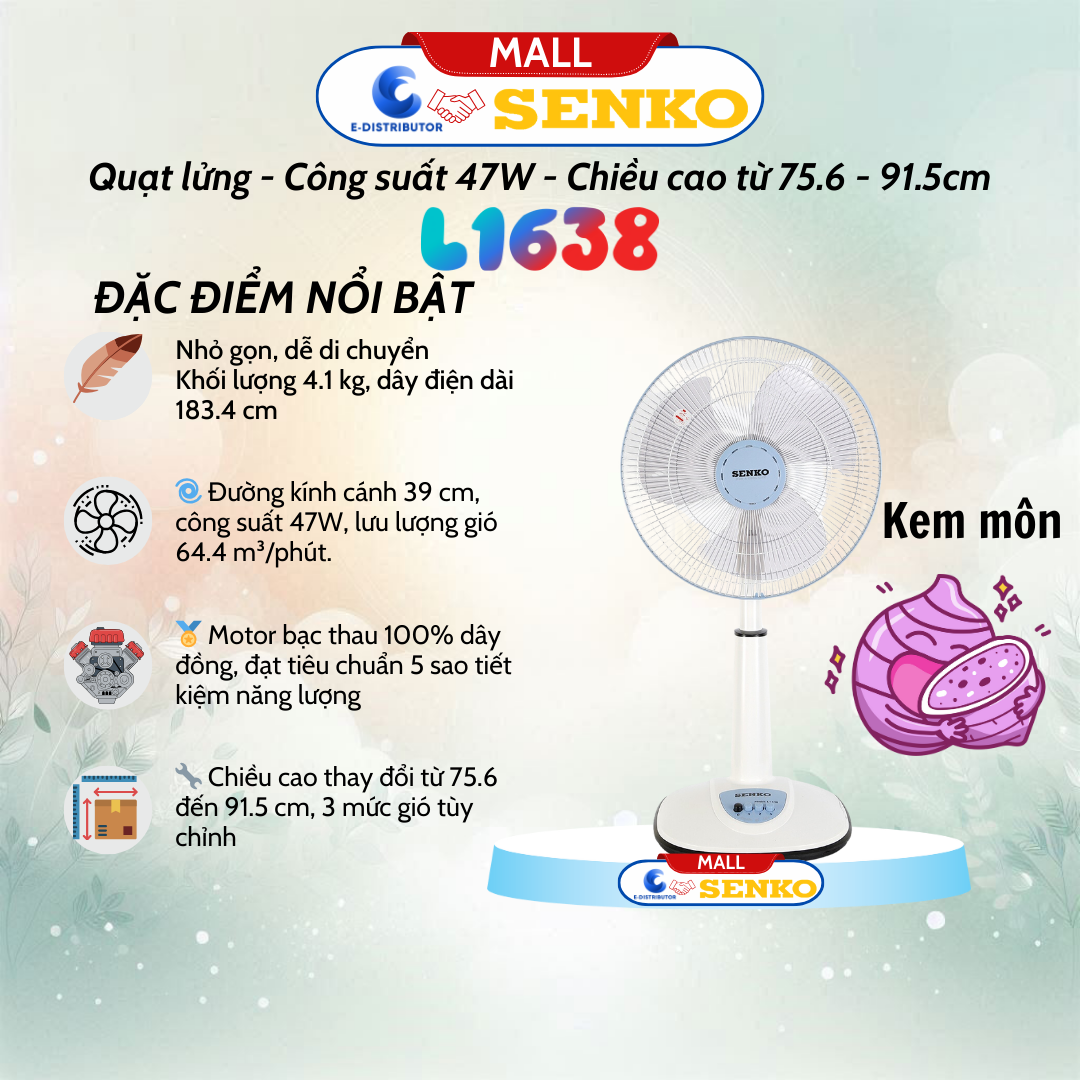 Quạt Lửng Ống Nhựa Senko L1638 - Công suất 47W - Màu tuỳ chọn - Hàng Chính Hãng