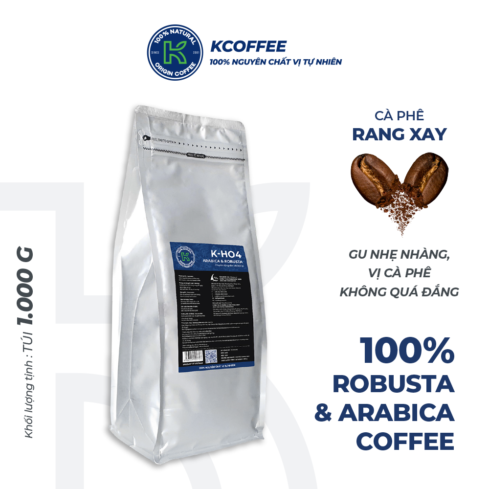 Cà phê rang xay K Coffee 100% Robusta Arabica nguyên chất K-HO4 (1Kg/Túi)