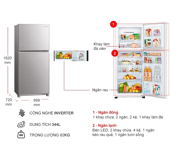 TỦ LẠNH MITSUBISHI ELECTRIC 344 LÍT MR-FX43EN-GSL-V (2 CỬA) - HÀNG CHÍNH HÃNG