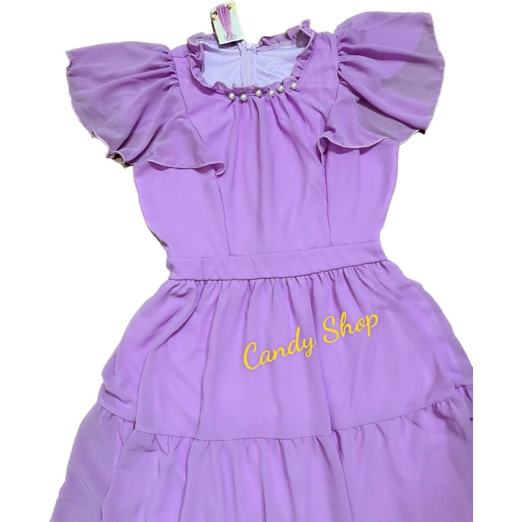 Đầm maxi voan 2 lớp cổ tròn đính cườm tay bèo xinh xắn