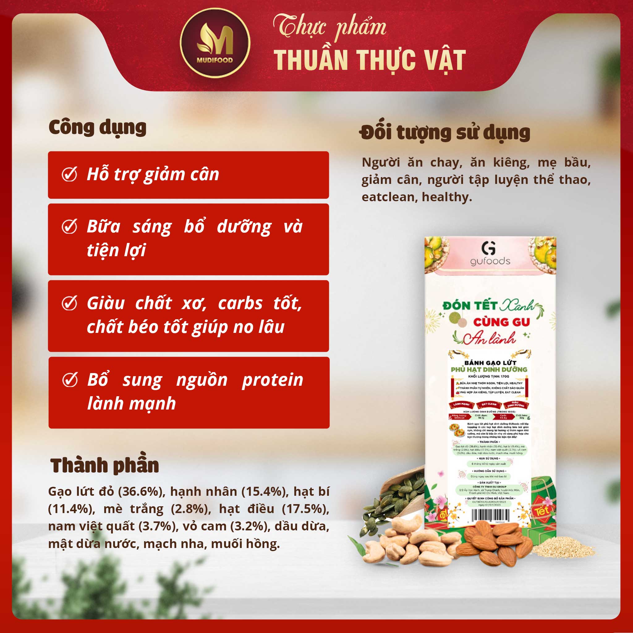 Bánh Gạo Lứt Phủ Granola Siêu Hạt Gufoods Hộp 170g - Thực Phẩm Bổ Sung Dinh Dưỡng Cho Mẹ Bầu, Sau Sinh, Người Ăn Chay, Ăn Kiêng, Giảm Cân, Eat Clean, Hàm Lượng Giàu Protein Và Chất Xơ