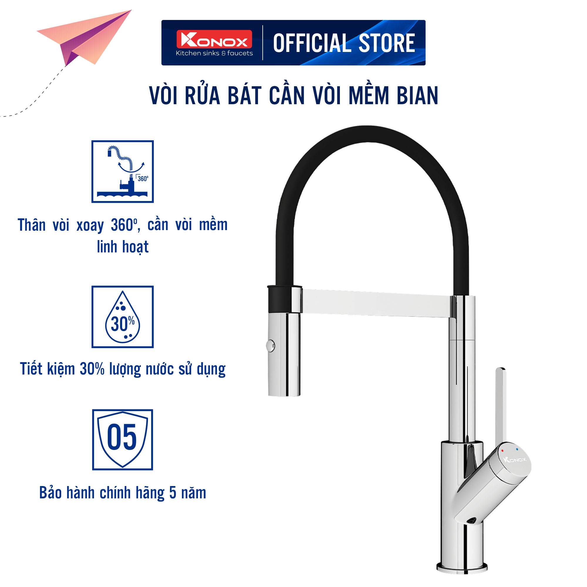 Vòi rửa bát thân mềm Konox, Model Bian, Bề mặt mạ PVD Chrome 5 lớp, Lõi đồng tiêu chuẩn CW617N, Linh kiện phụ trợ dòng chảy nhập khẩu châu Âu, Bảo hành chính hãng 5 năm, Hàng chính hãng