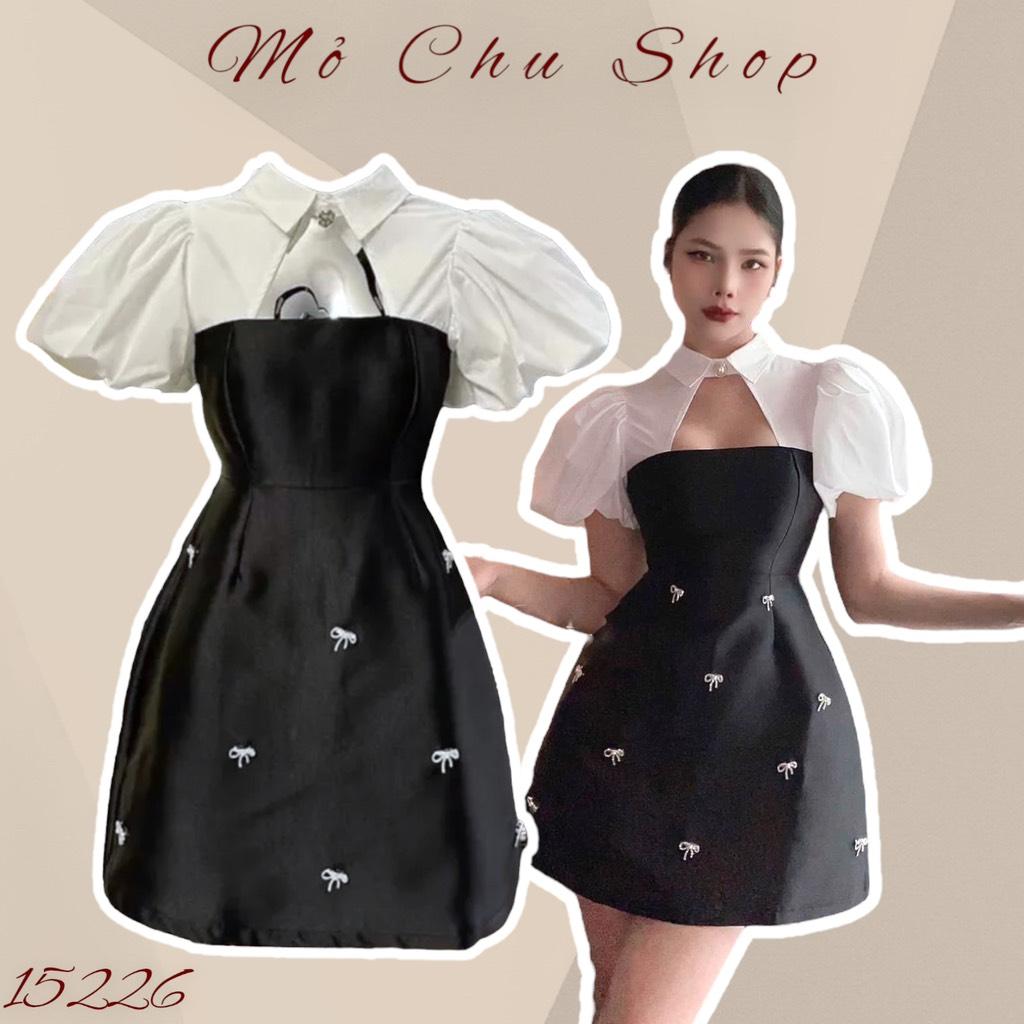 Đầm dáng xòe cổ sơ mi tay phồng đính tag