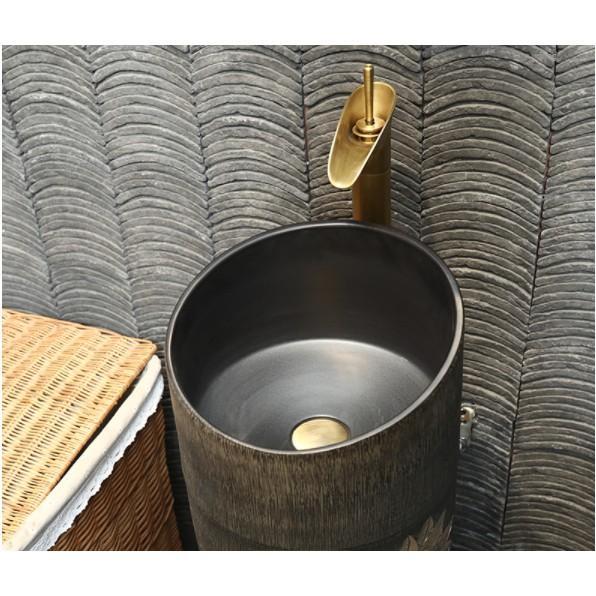 Lavabo trụ đứng/đặt sàn màu xám đen họa tiết hoa sen quấn phong cách cổ điển