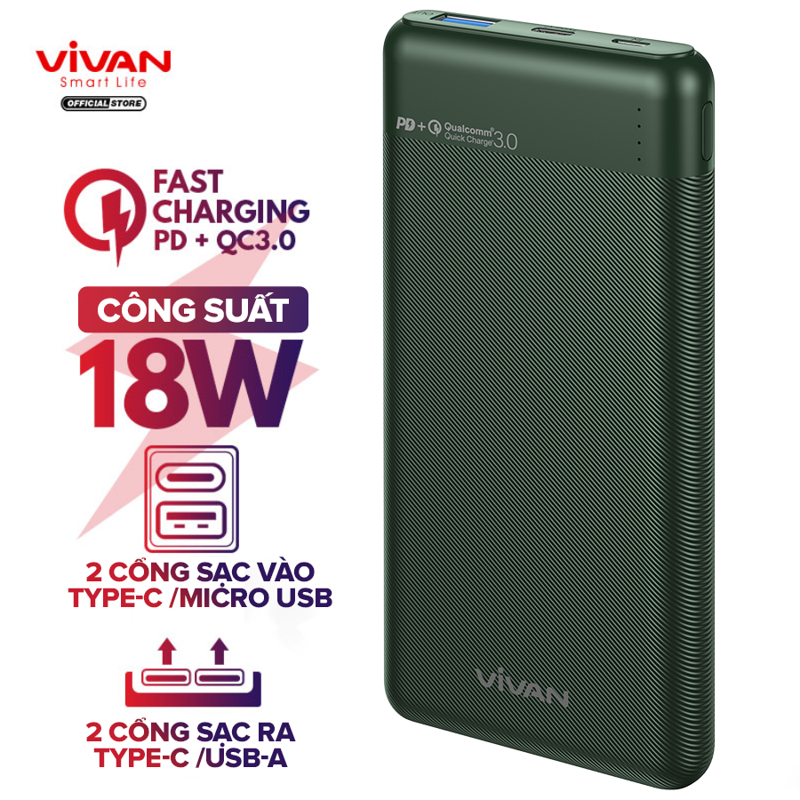 Pin Sạc Dự Phòng 10.000mAh VIVAN VPB-M10 – Sạc Nhanh Chuẩn PD + QS 3.0, Công Suất 18W, 2 Cổng Sạc Vào/Ra - HÀNG CHÍNH HÃNG