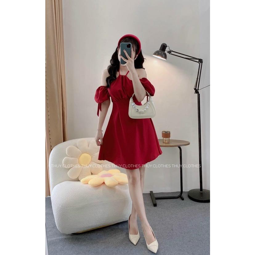 Đầm đỏ cổ yếm khoét vai tay thắt nơ đi chơi noel du xuân đón tết