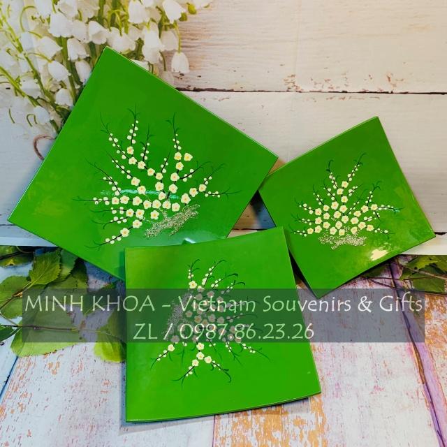 Set 3 Đĩa Vuông Cong Sơn Mài Hoa Đào Cẩn Trứng - Cherry Blossom Lacquer Tray