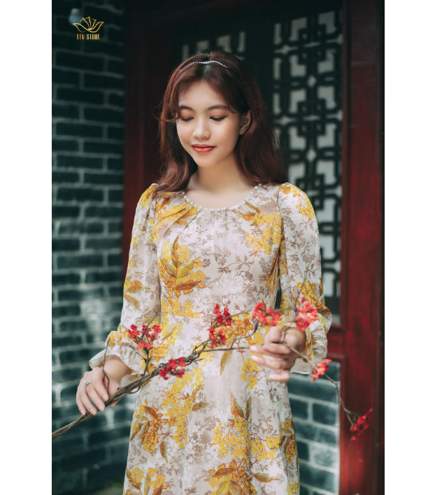 Đầm xòe thiết kế trung niên cao cấp Cổ tròn đính ngọc tay dài màu Kem hoa vàng TTV STORE TTV1201