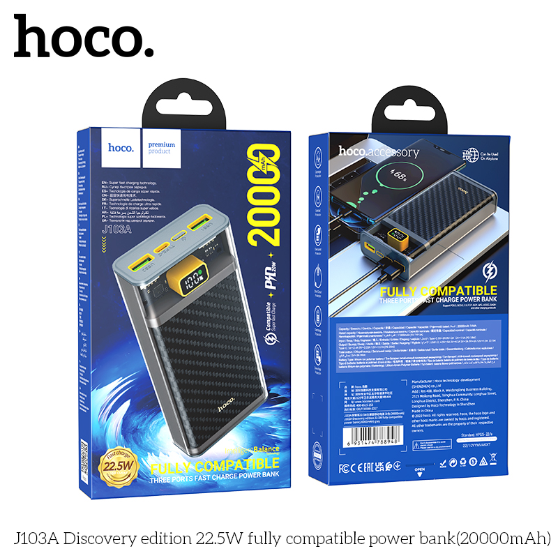 Pin sạc dự phòng Hoco J103A Discovery edition 22.5W 20000mAh với 2 cổng USB, 1 cổng Type C sạc nhanh cho nhiều thiết bị, thiết kế trong suốt, màn Led hiển thị pin - Hàng chính hãng
