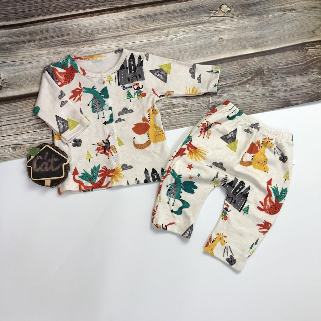 Bộ sơ sinh thun cotton cho bé 0-3m không nón bao tay chân mẫu quần lưng thun