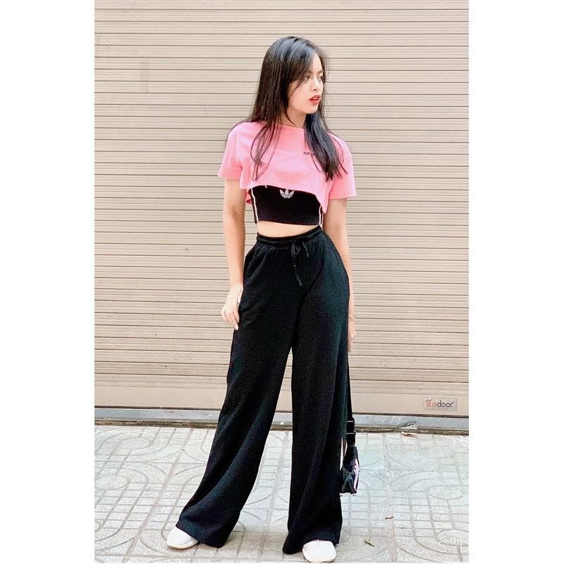 Set Combo Bộ Thun Hở Eo 2 Áo Kép Croptop Và Áo Dây Kèm Quần Da Cá Ống Rộng Hàn Quốc 2021 Siêu Xinh Năng Động