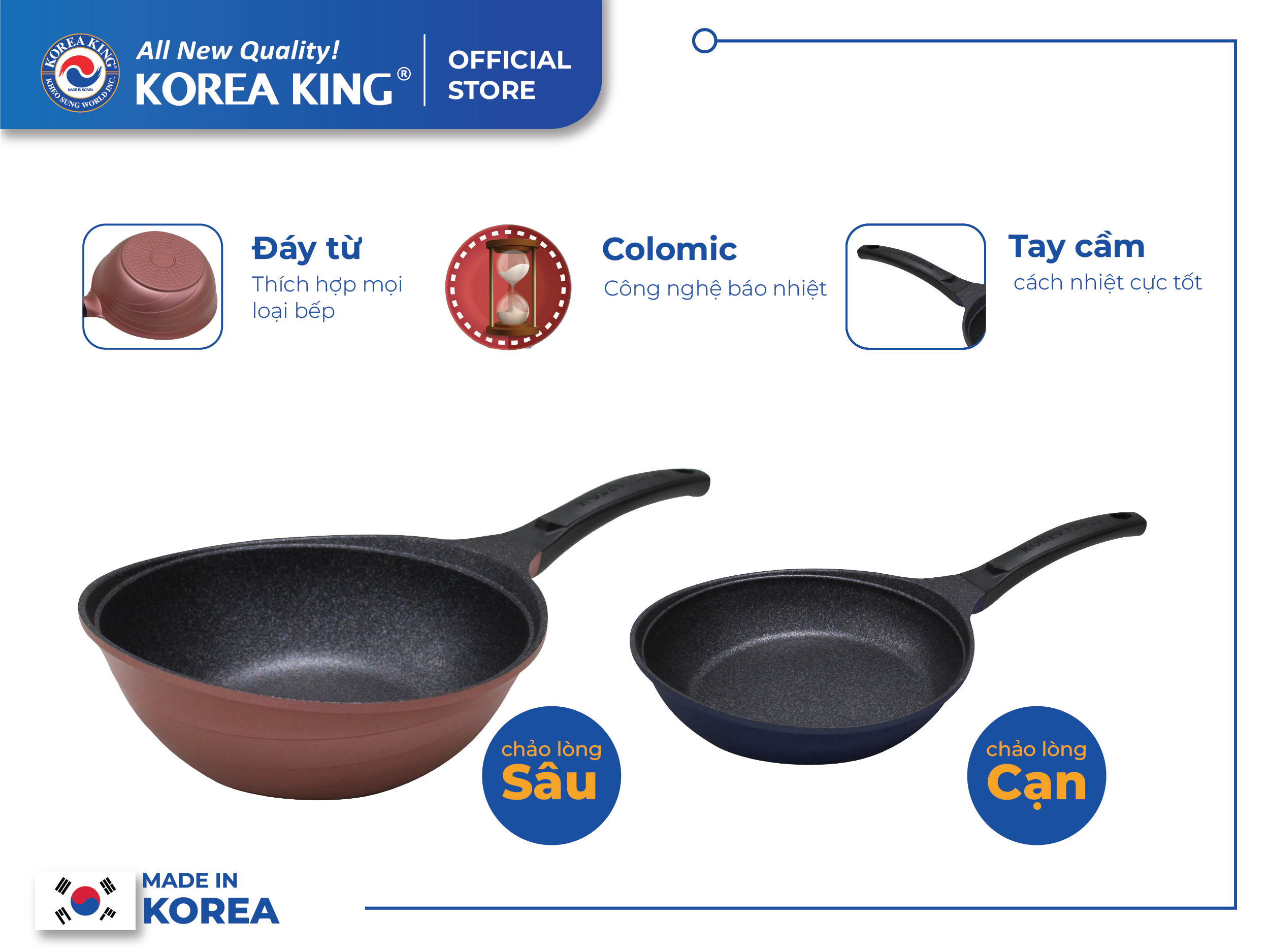 Combo 2 chảo sâu, cạn Colormic Korea King (1 chảo cạn 20cm và 01 chảo sâu 28 cm)-Hàng chính hãng