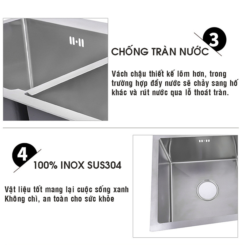 Chậu rửa bát inox 304 Pimisi đúc cao cấp 2 hố cân - kích thước 7843-8245 cm đầy đủ xi phông loại ống to - rỗ đựng đồ, dùng để rửa chén bát gắn được cả âm bàn đá | Hàng chính hãng