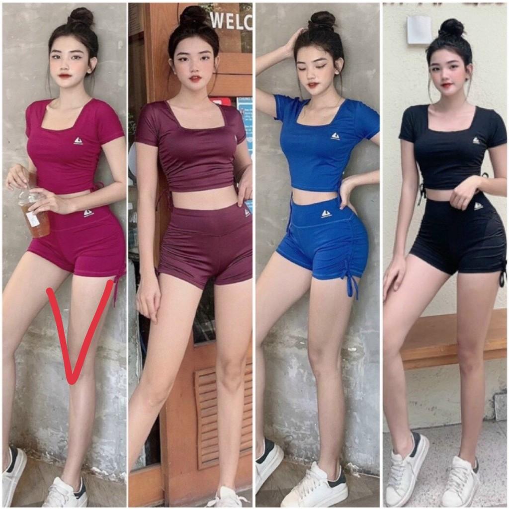 Đồ tập gym nữ bộ tập gym yoga erobic nữ áo cổ vuông quần sooc rút dây chất liệu co giãn 4 chiều thấm hút tốt
