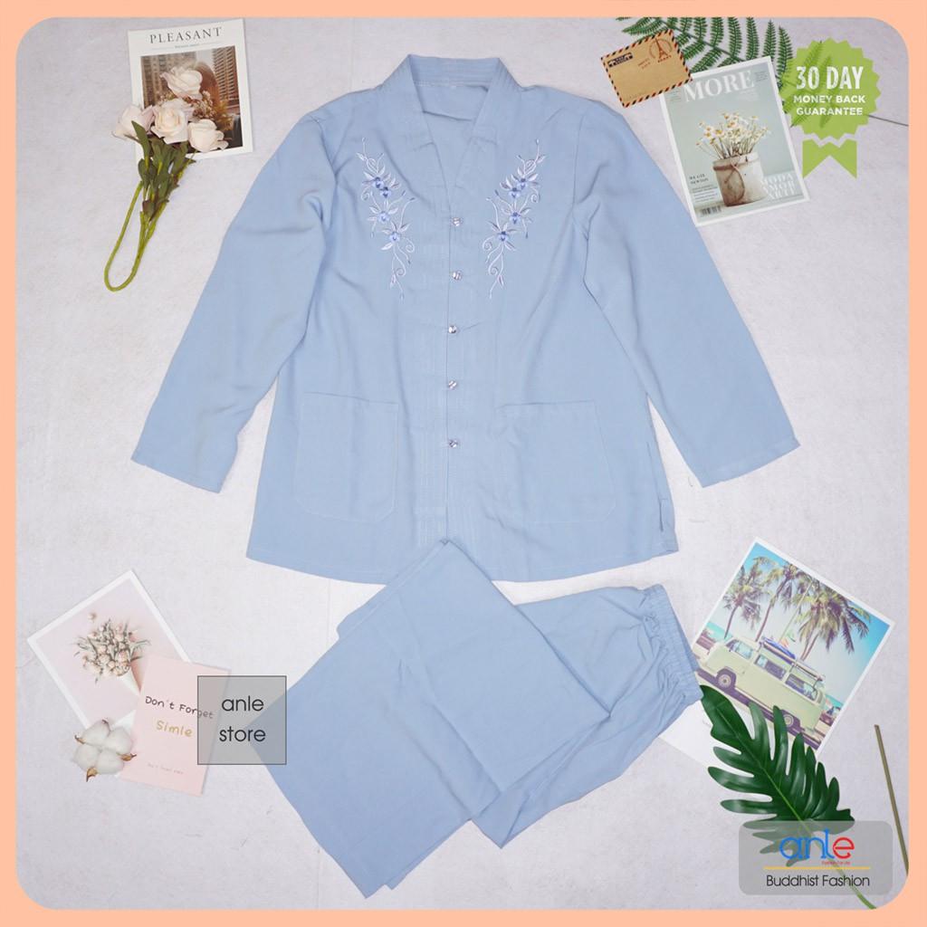 Đồ lam đi chùa Bộ Bà Lai Tôn Thêu Hoa - Bộ đồ đi chùa vải Tôn Mát co dãn Thoải mái - Anle Store