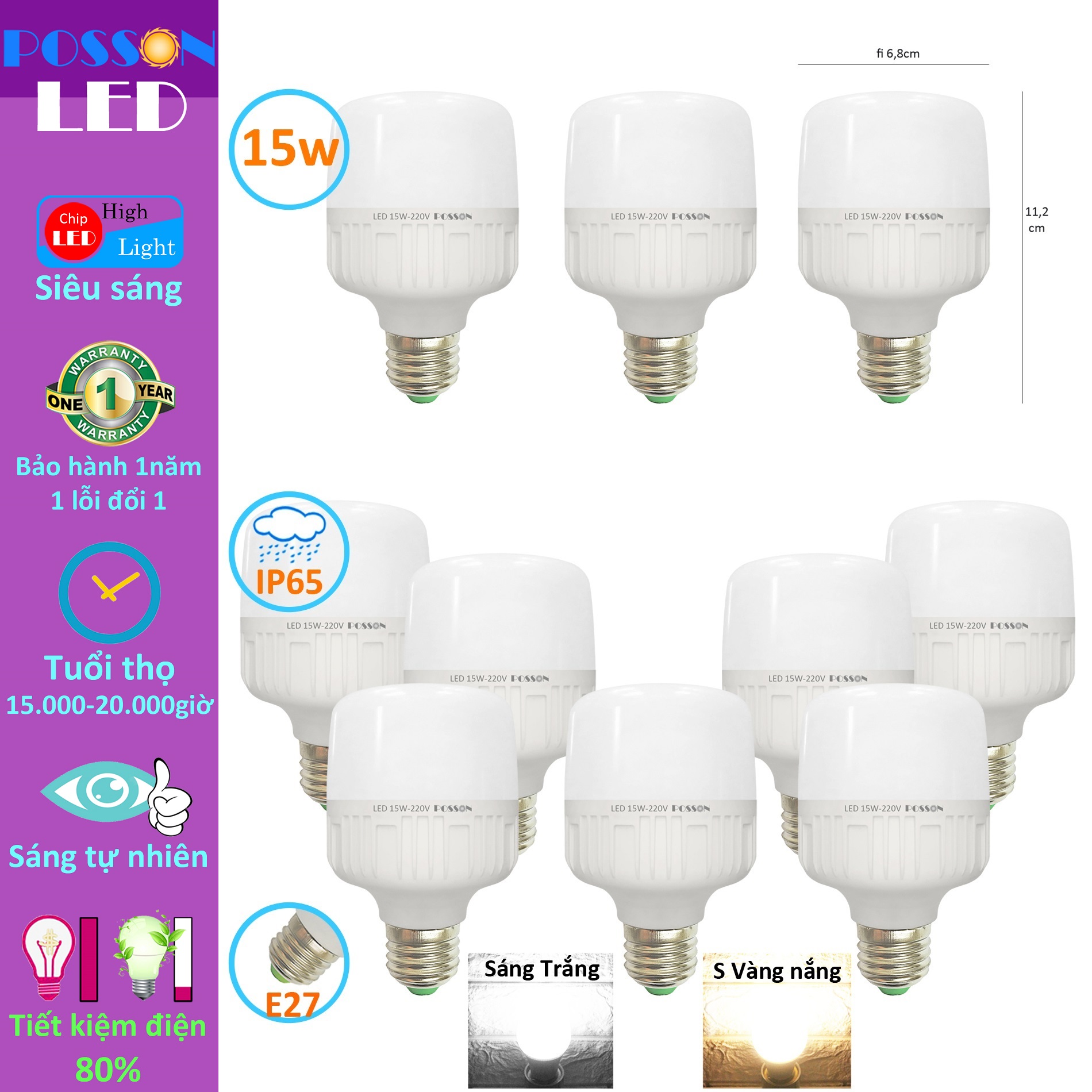 10 Bóng đèn Led trụ 15w bup trụ T70 bulb tiết kiệm điện siêu sáng kín chống nước mưa Posson LC-15x