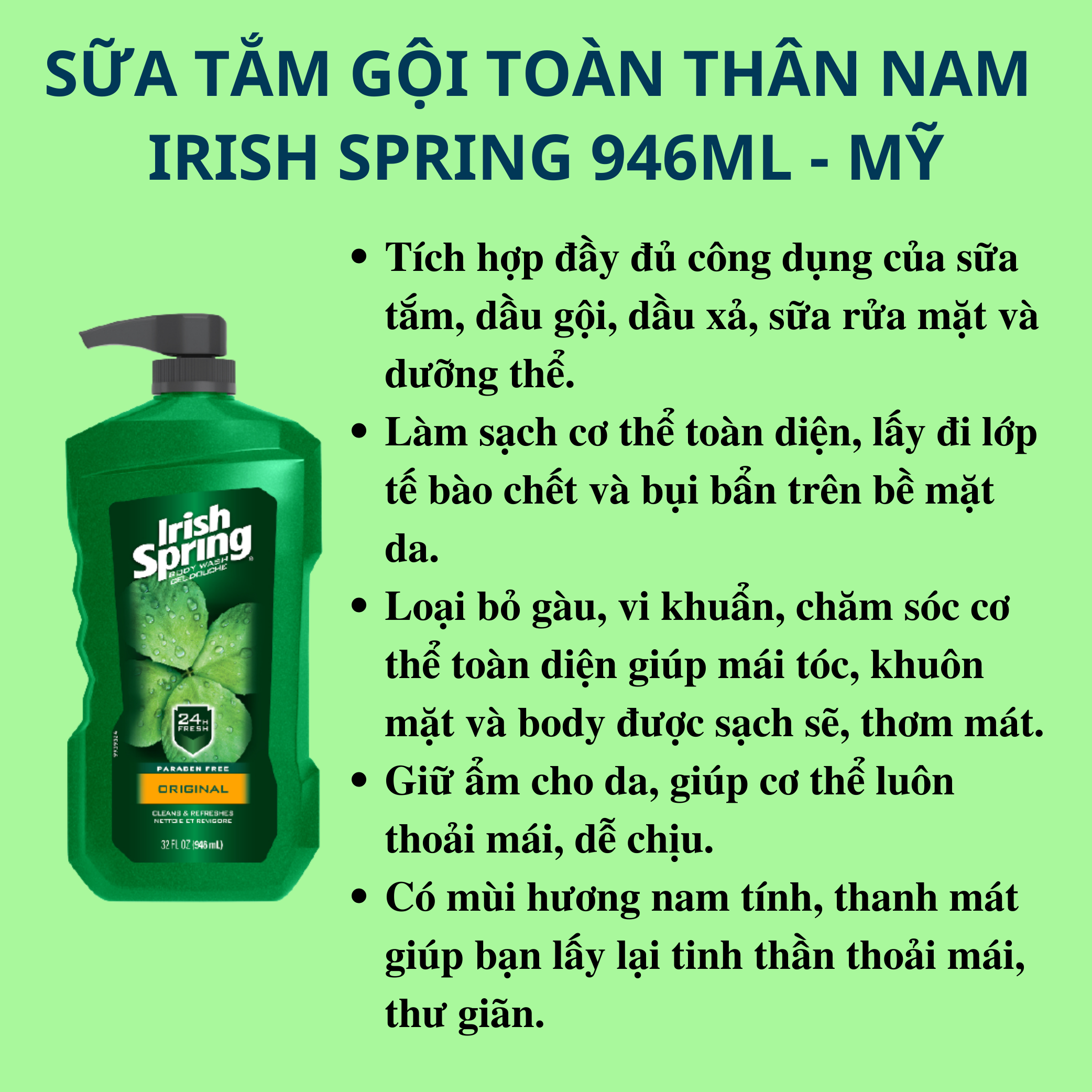 Sữa tắm cho nam Irish Spring Original Moisturizing Face + Body Wash 946ml ( không xuất hóa đơn đỏ + không có tem phụ )