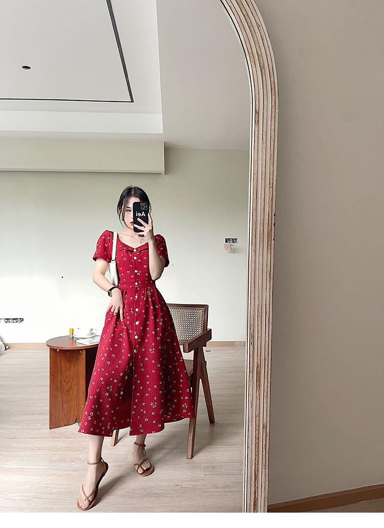 DONGSHOP 2023 mùa hè retro màu đỏ đầm nữ tính trà nghỉ váy cao cấp thắt lưng che thịt hiển thị gầy trung bình dài