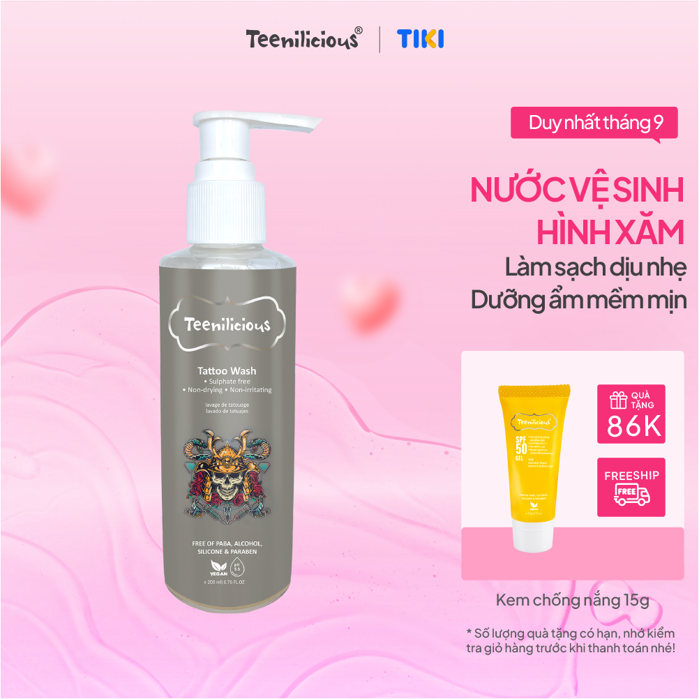 Nước Vệ Sinh Hình Xăm Teenilicious Tattoo Wash Làm Sạch Dịu Nhẹ, Giúp Dưỡng Ẩm Mềm Mịn Da Xăm 200ml