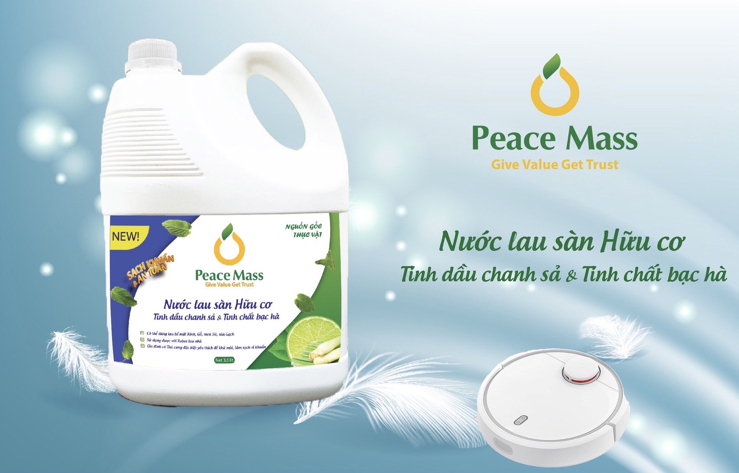 Nước Lau Sàn Gốc Thực Vật Peace Mass TD Chanh Sả - Bạc Hà Đuổi Muỗi và Côn Trùng (Thuộc nhóm Sản phẩm Lành tính / Hữu cơ) Can 3.6 lít