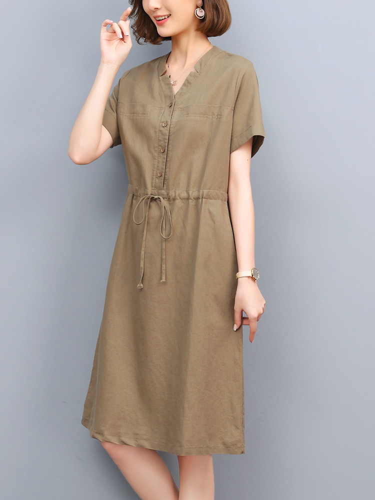 Đầm linen dáng suông cổ V 2 túi sườn, Đầm form rộng phong cách công sở Đũi Việt