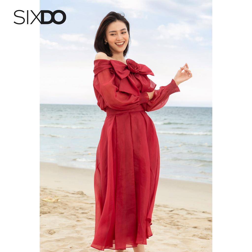 Chân váy đỏ tơ oganza xếp ly to SIXDO