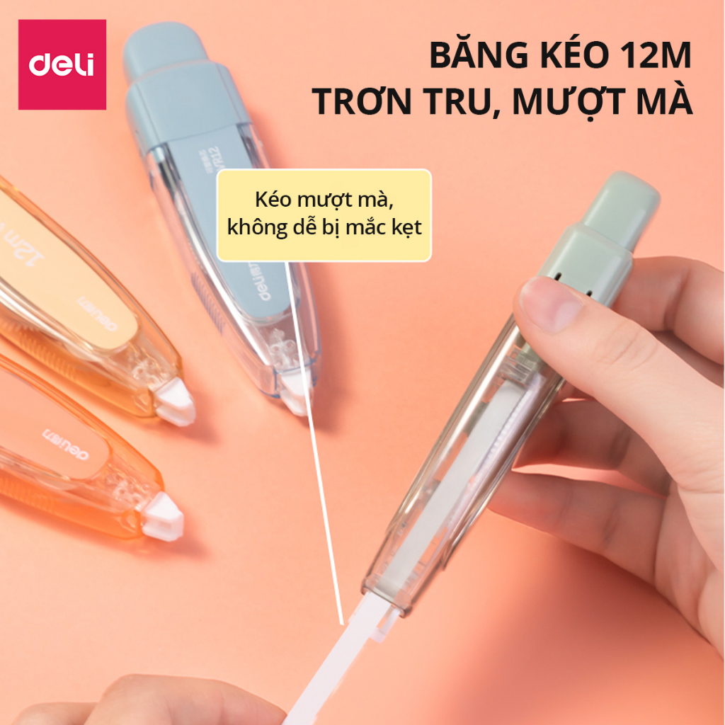 Bút Xóa Băng Có Nút Bấm 12m Có Thay Thế Lõi Deli - Xóa Sạch Phủ Kín Khô Nhanh Có Thể Viết Đè Lên Ngay - Băng Kéo Cho Học Sinh, Văn Phòng