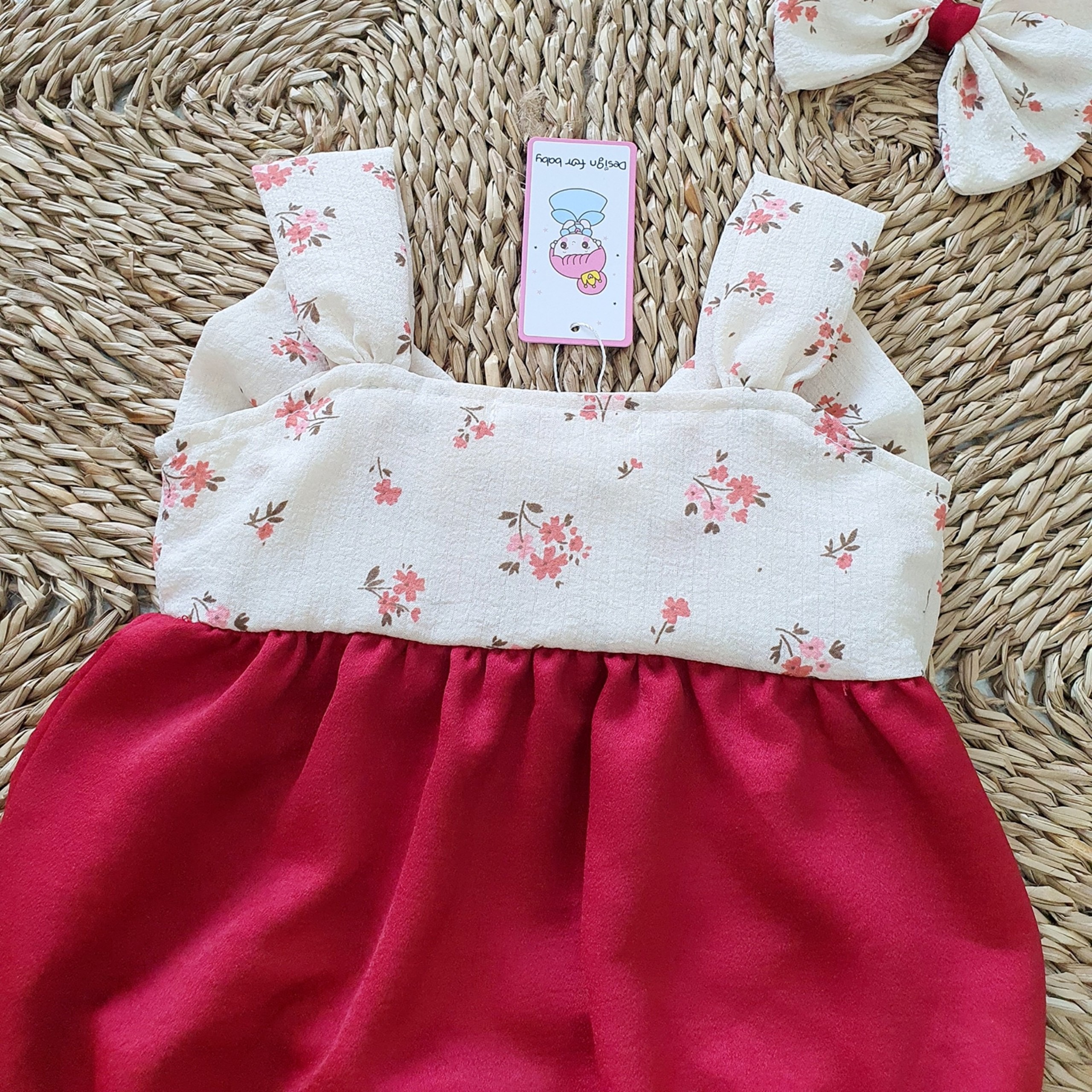 Bodysuit Nơ To Chất Đũi Cara Cho Bé Gái Gái 3 Đến 12kg, Áo Liền Quần 2 Dây Xinh Xắn