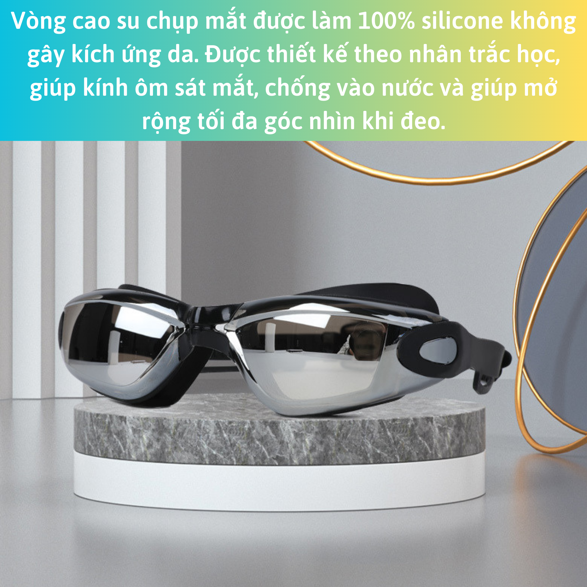 Kính Bơi Tráng Gương kèm bịt tai cao cấp VinBuy chống sương mù, chống tia UV Hàng chính hãng - Tặng kèm nón bơi Silicon