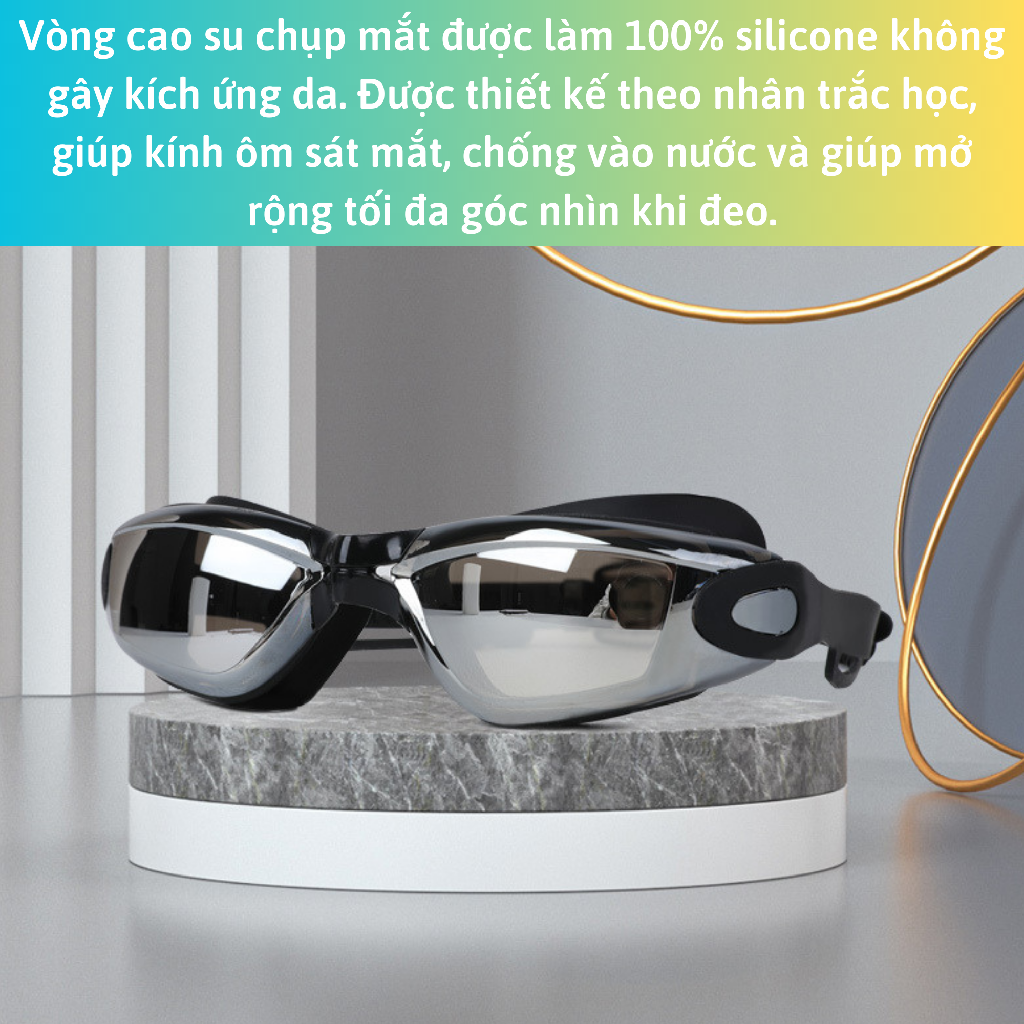 Kính Bơi Tráng Gương kèm bịt tai cao cấp VinBuy chống sương mù, chống tia UV Hàng chính hãng - Tặng kèm nón bơi Silicon (Màu ngẫu nhiên)