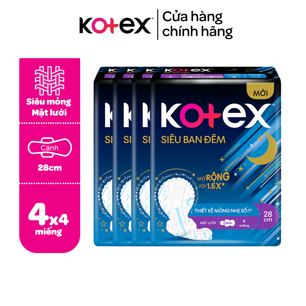 Combo 4 gói băng vệ sinh Kotex ban đêm mặt lưới 4 miếng 28cm, siêu mỏng cánh