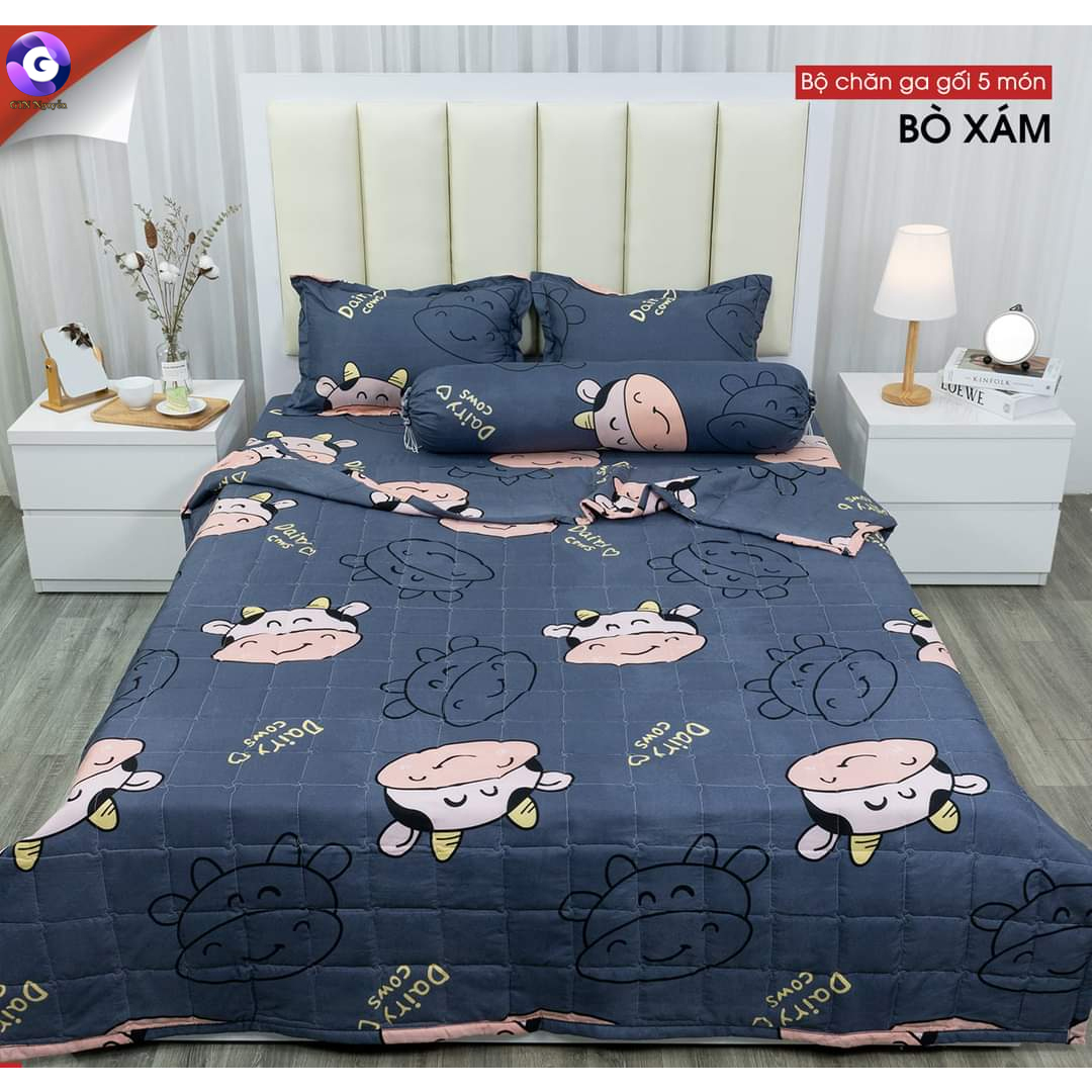 Mẫu Mới Bộ 5 Món Chăn Ga Gối Bò Sữa Xám - Tặng 1 bàn chải Bossi