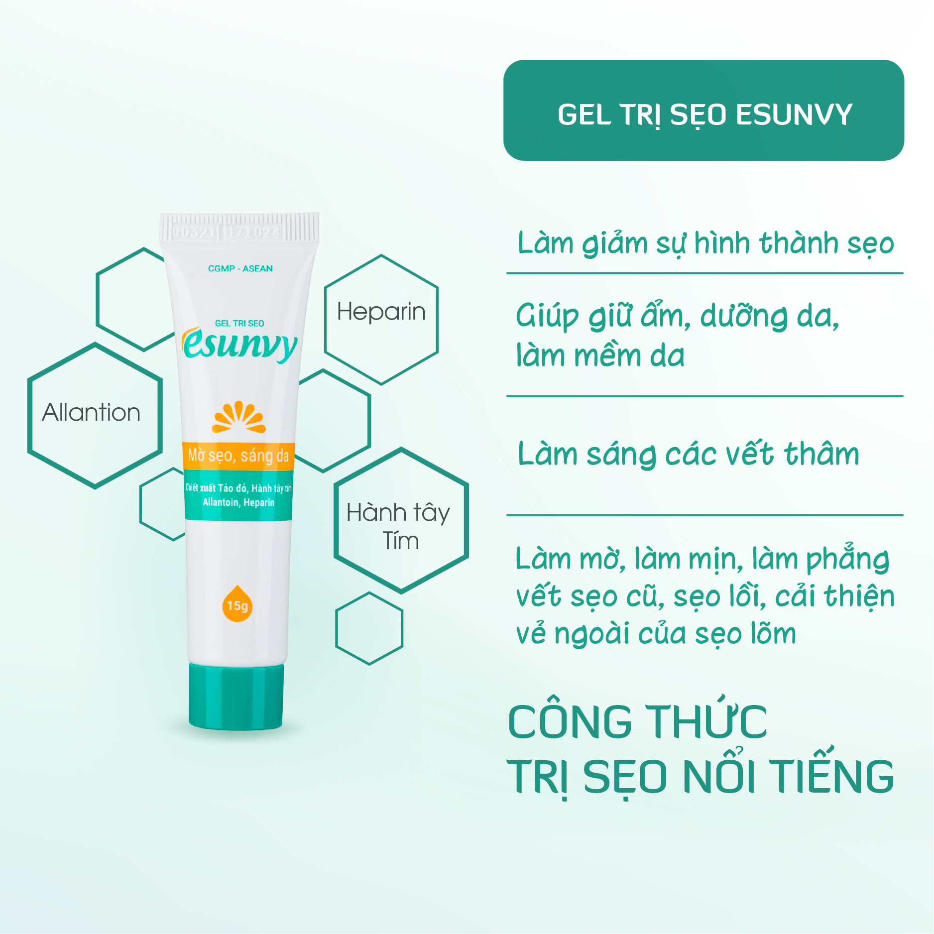 Gel Mờ Sẹo Esunvy Thành Phần Tự Nhiên Làm Giảm Các Vết Thâm, Cải Thiện Da Giúp Giữa Ẩm Tuýp 15g TMP015