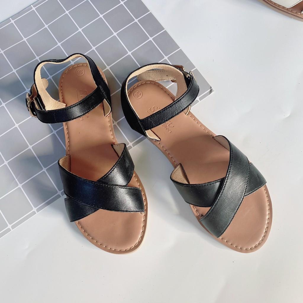 Sandal Nữ đẹp quai ngang da THẬT 2 quai phù hợp đi học , công sở hàng ngày HISHOO có bigsize S006