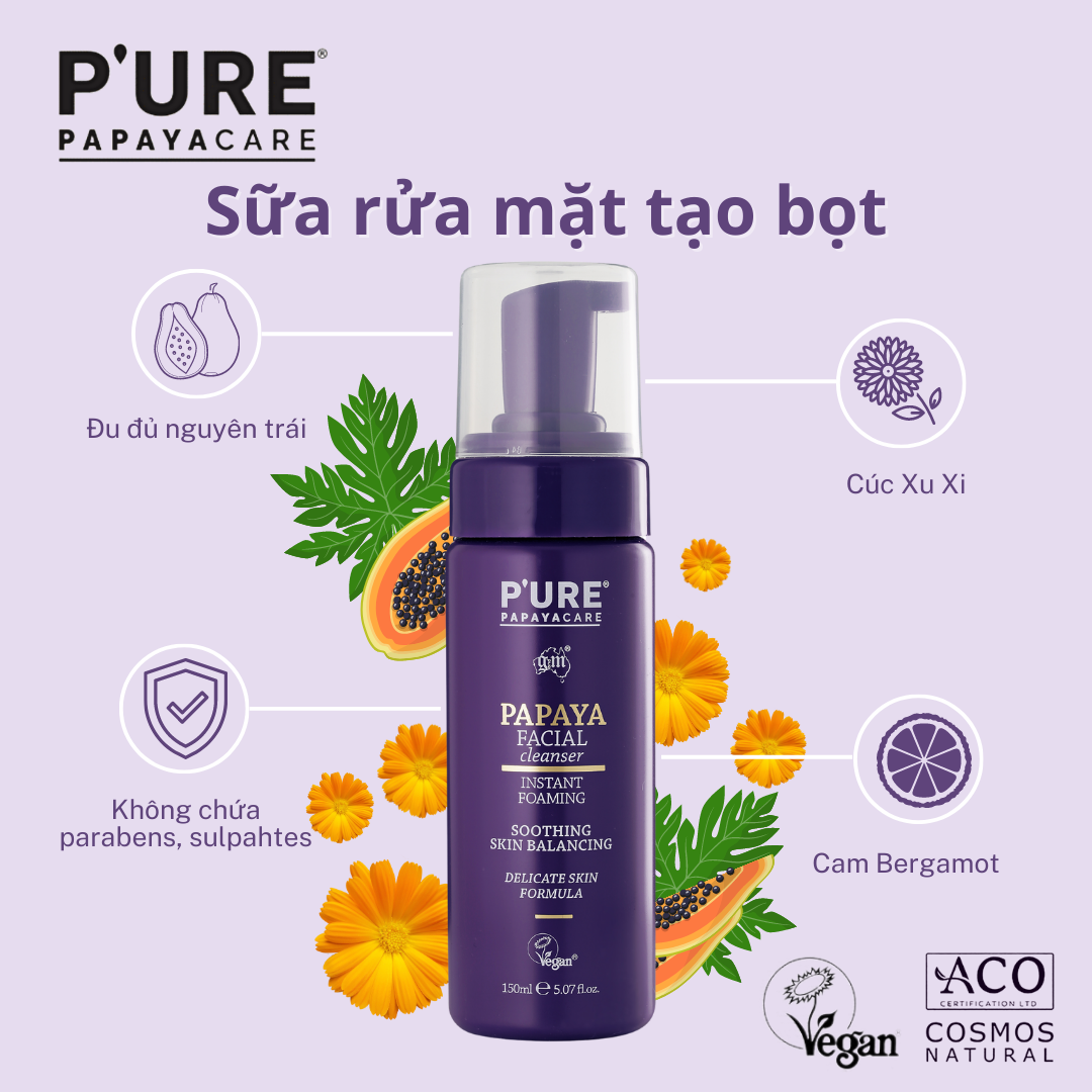 Sữa rửa mặt tạo bọt P'URE Papayacare Papaya Facial Cleanser 150ml