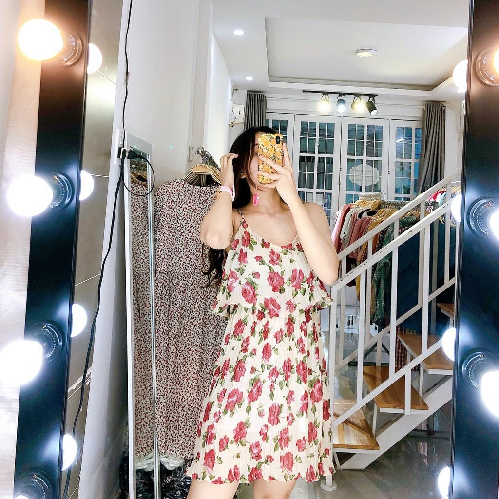 Đầm hoa hai dây xếp ly